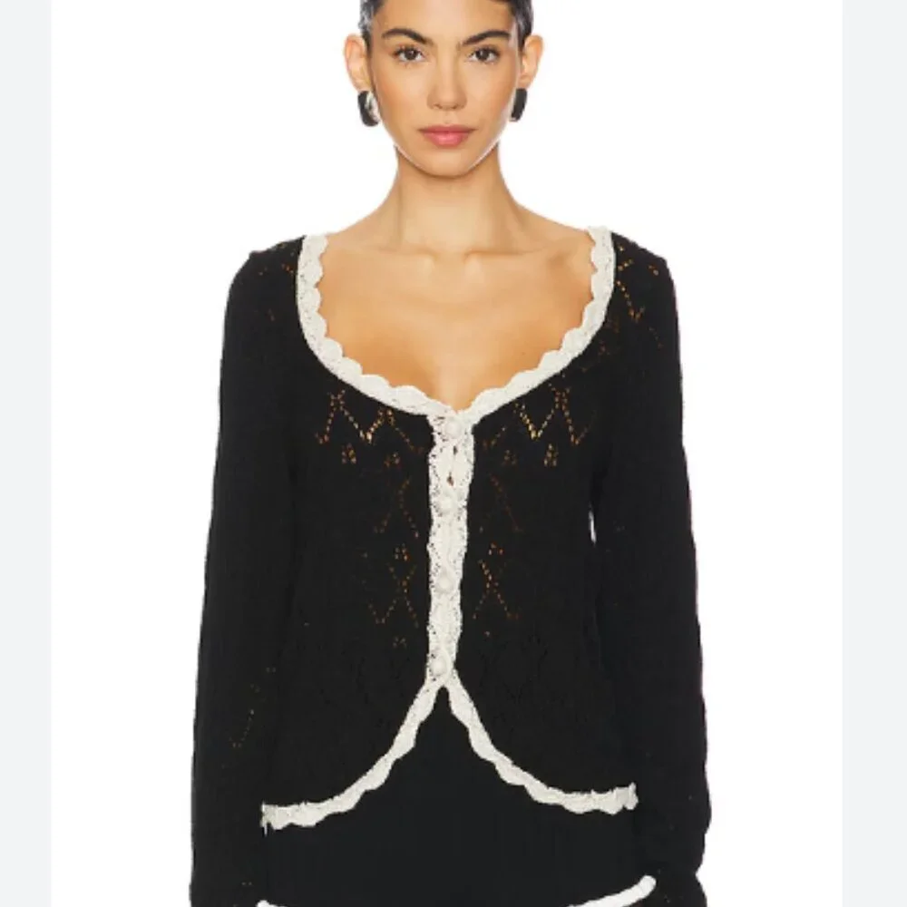 Free People Adelene Cardigan - Black Linen Blend Knit Large $128